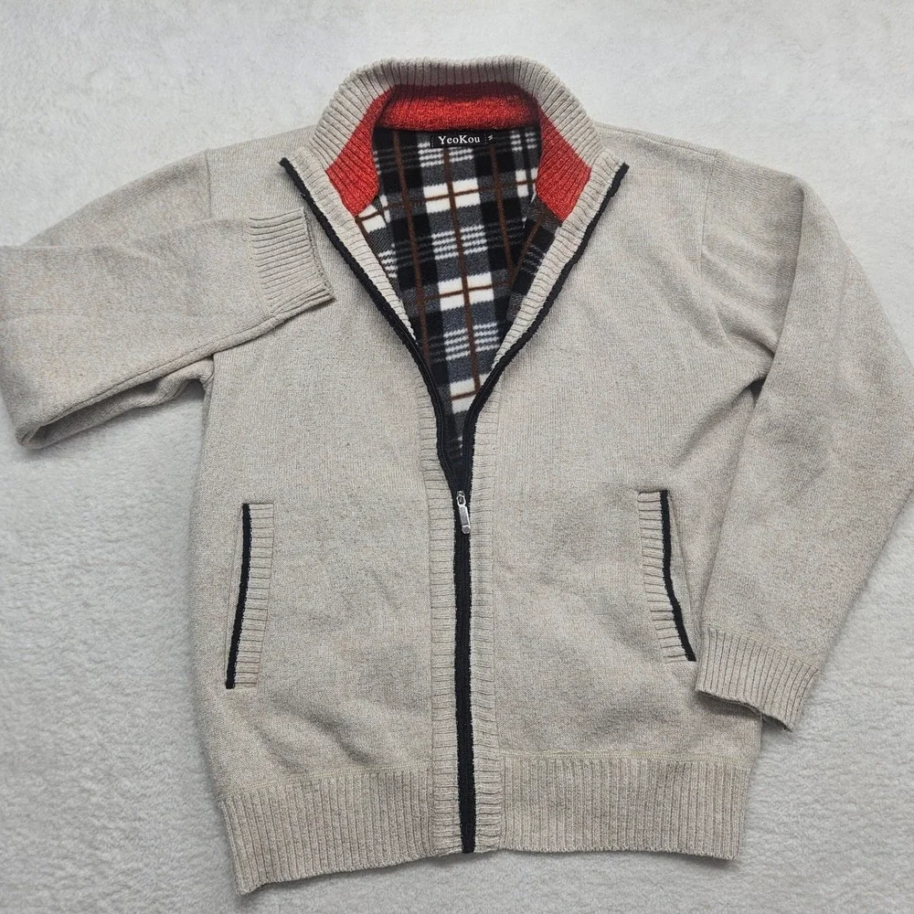 Yeokou Mens Full Zip Cardigan Sweater Fleece Lined Plaid Beige Mock Neck Large
